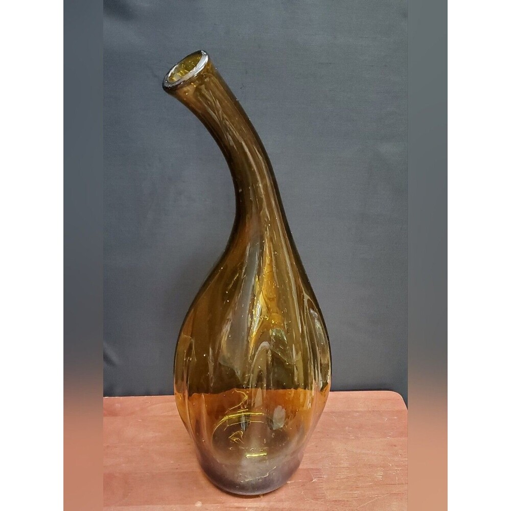 Vintage Very Large Amber Goose-Neck Italian Empoli Bottle Vase 20" Tall